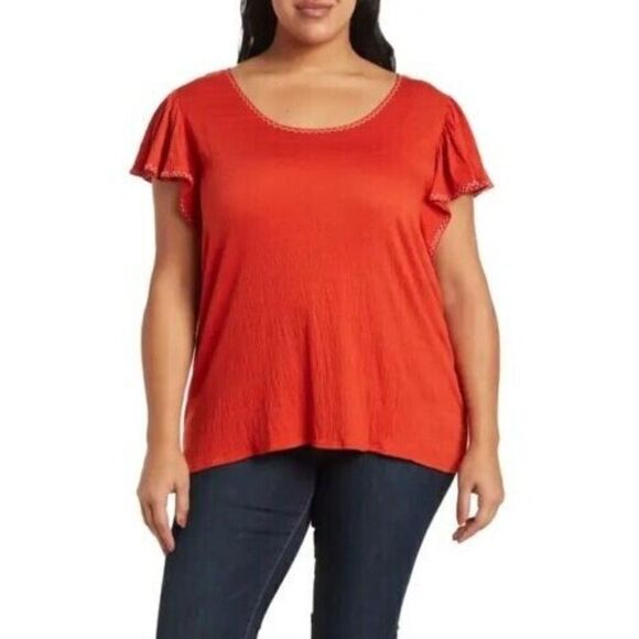Max Studio Women's Plus Size Flutter Sleeve Crinkle Jersey Top, Dark Orange, 2X - Picture 1 of 11